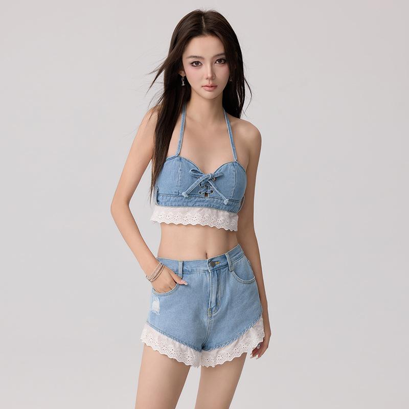 Denim | Eyelet Lace Up Denim Mini Skirt  –  Womens Clothing BLUE WASHED