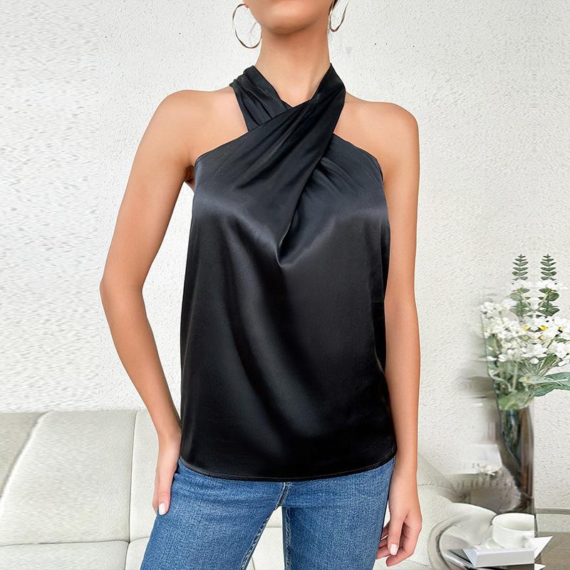 Sets | Daina Satin Open-Back Crop Top  –  Womens Clothing BLACK