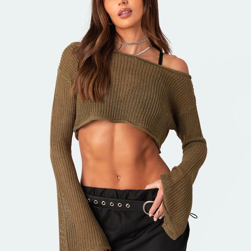 Sweaters & Knitwear | Sheer Loose Knit Asymmetric Top  –  Womens Clothing CAMEL