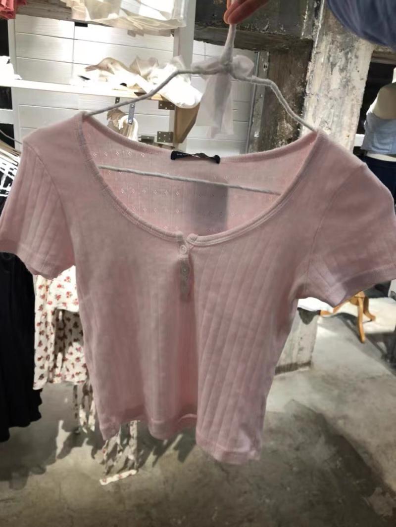 Tops | Pointelle Henley T Shirt  –  Womens Clothing LIGHT PINK