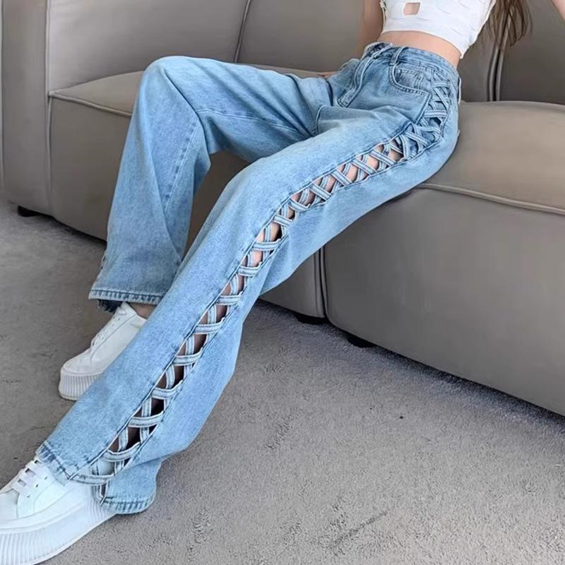 Pants | Laced Up Low Rise Jeans  –  Womens Clothing LIGHT BLUE